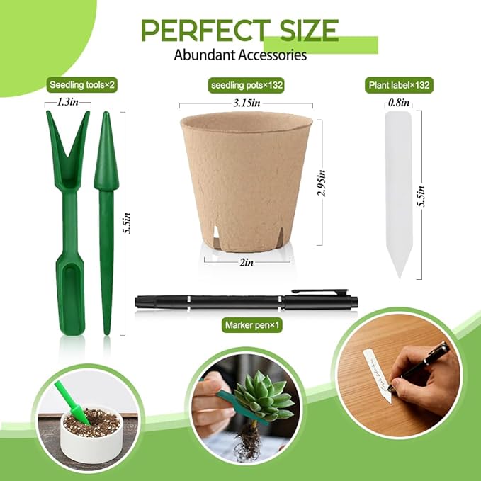 Peat Pots 132 Pcs 3.15 inch, Biodegradable Compostable Plant Seed Starter Pots Paper Potting Cups for Seedlings Planting Seeds, Thickened with Drainage Holes Includes Tools and 132 Plant Tags