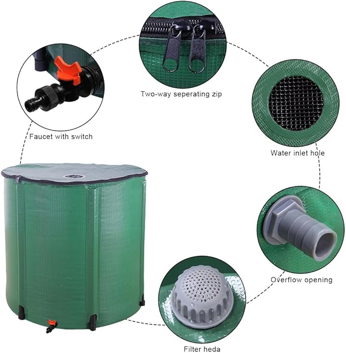 Outvita 200 Gallon Collapsible Rain Barrel, Large Garden Water Storage Tank, Portable Folding Rainwater Collector, Water Catcher with Filter Overflow Kit Faucet Green