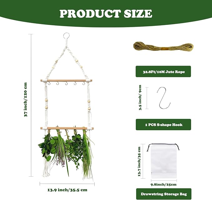 Herb Drying Rack Hanging Macrame Boho Plant Dryer Racks Two-Layer Handcrafted Woven Air Dry Herbal Hangers with S-Shaped Hook 32Ft Jute Twine for Spices Weed Flowers