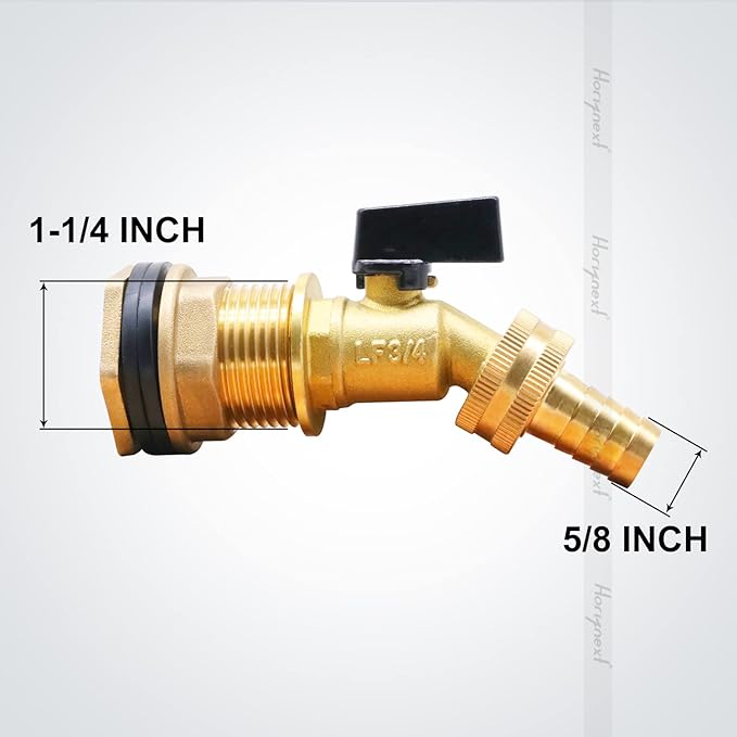 spigot for rain barrel parts kit, brass water barrel spigots accessories for 55 gallon bucket, garden hose connector adapter bulkhead fitting, 1-1/4 inch O.D. inlet & 5/8 inch barb O.D.