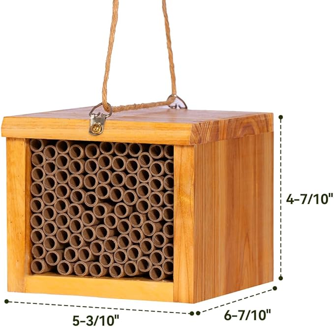 Mason Bee House - Wax Coated Bee Hotel for the Garden, Natural Handmade Wooden Insect Hotel, Mason Bee Home for Outdoors, Attracts Peaceful Bee Pollinators to Your Garden