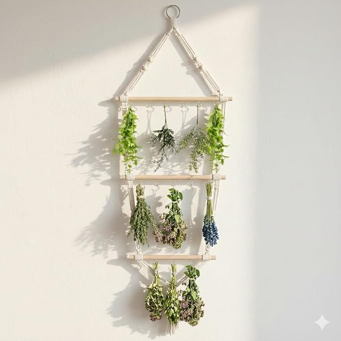 3 Tier Herb Drying Rack Hanging - Handcrafted Boho Flower Drying Racks - Saving Space Holds 14 Bouquets - Herb Dryer Hanging Rack for Spices Weed Flowers - Gift for Crafters
