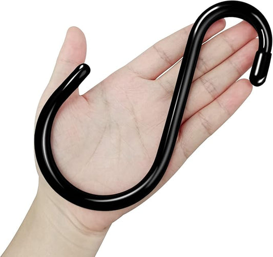 12 Pack 6 Inch Heavy Duty Large S Hook Vinyl Coated S Hooks for Hanging Plants,7mm Thickness Non Slip Sturdy Metal Black Jean Hooks for Closet,Bird Feeders,Kitchen,Large Object,Tools,Bikes
