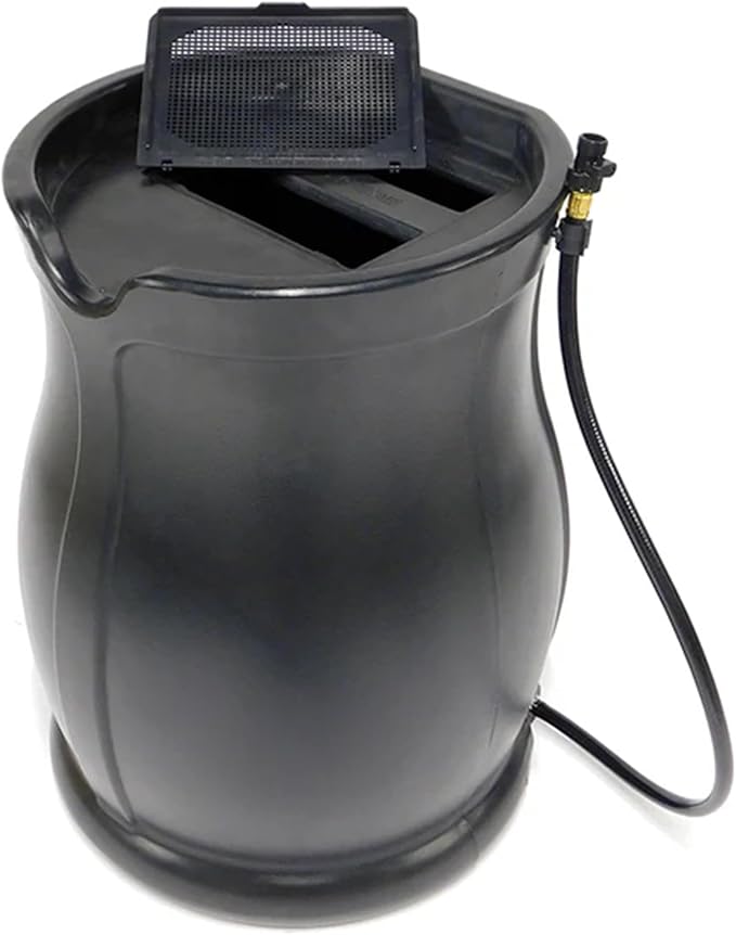 FCMP Outdoor 45-Gallon Catalina Rain Barrel – BPA-Free, Flat-Back Design with 3.5 Foot Garden Hose, Shut-Off Thumb Valve, and Fixed Lid (RB-CAT-BLK) Black