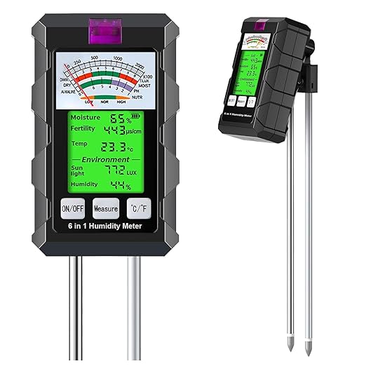 6-in-1 Soil Moisture Meter, Hygrometer for Plants with Soil Moisture, PH Meter, Temperature, Sunlight, Fertility, Environmental for Farming, Gardening (2*AAA Battery Needed)