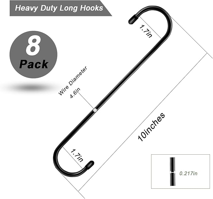 8 Pack Large S Hooks for Hanging Heavy Duty 10 Inch Long Steel Metal Hanger Black Extension Hooks for Closet Hanging Jeans Clothes Bird Feeders Plants Garden Indoor Outdoor
