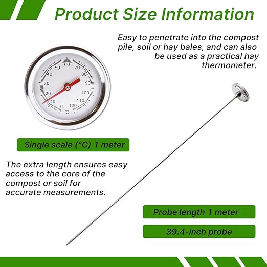 Compost Thermometer with 36.4 in Stainless Ssteel Stem,Soil Thermometer Gardening Thermometers Hay Bale Thermometers for Composting,Organic Farming Professional Tool Gardeners