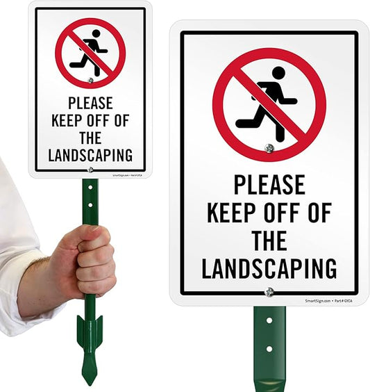 SmartSign 10 x 7 inch “Please Keep Off Of The Landscaping” LawnPuppy Yard Sign and 18 inch Stake Kit, 40 mil Laminated Rustproof Aluminum, Red, Black and White, Set of 1, Made in USA