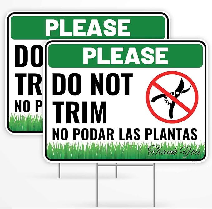 2PC Do Not Trim Signs in English and Spanish with Stakes, 12 Inches by 9 Inches - Corrugated Plastic - Bilingual Do Not Trim Garden Signs
