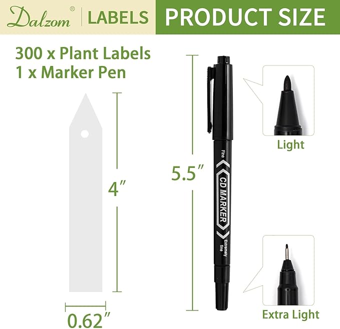 Dalzom® 300Pcs 4" Plant Labels with Marker Pen, Waterproof Plastic Plant Tags for Outdoor Seedlings Vegetable Garden Signs Markers Label Stakes (White)