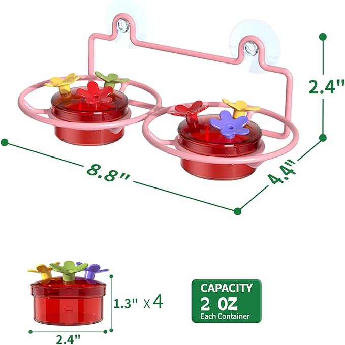 2 Pack Window Hummingbird Feeder, Small Hummingbird Feeder for Outdoors with Strong Suction Cup - Metal Base & 6 Feeding Ports, Easy to Clean and Refill, Pink