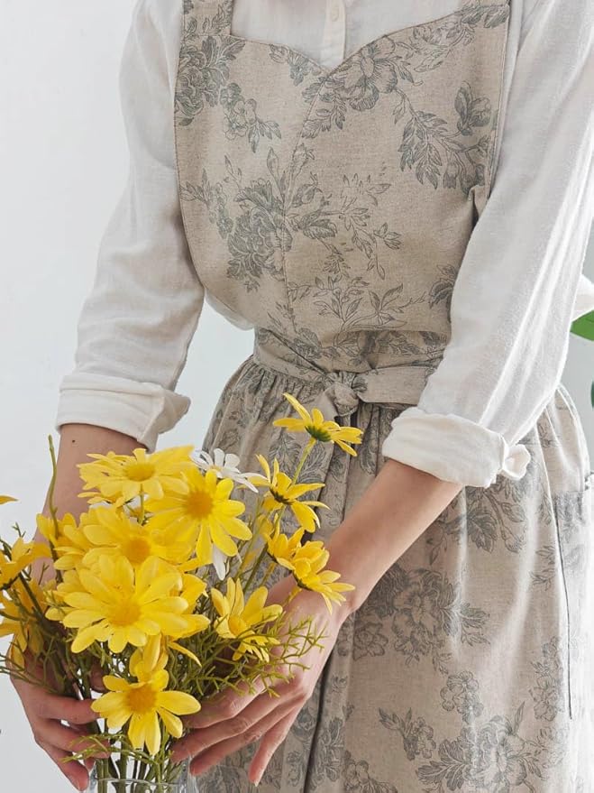 Adult Kitchen Apron Floral Cotton Waterproof Adjustable Apron Cooking Baking Garden Chef Apron with Pocket