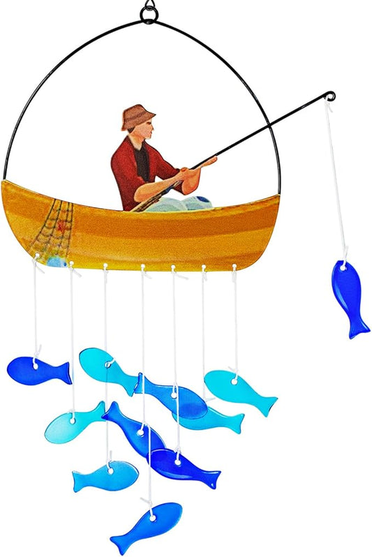 X-PREK 21" Fish Wind Chimes for Outside, Blue Sea Glass Wind Chimes Garden Decor, Windchimes Outdoors Suncatcher Gift for Women, Mom, Grandma, Unisex