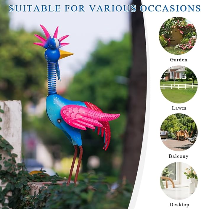 Metal Wacky Rooste Garden Statue, Rooster Decor Yard Statue Decorations Outdoor, Chicken Yard Art for Outside, Patio, Backyrad, Lawn (Blue & Pink)