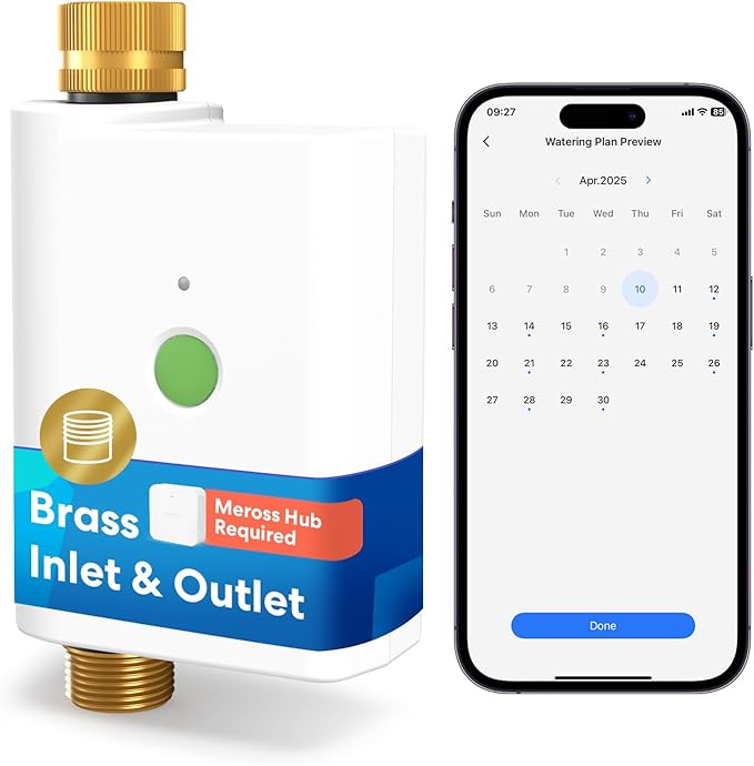 meross WiFi Water Hose Timer, Smart Sprinkler Timer with Brass Inlet & Outet, Work with Apple Homekit, Alexa & Google Assistant, Water Valve for Lawn, Garden, Yard and Pool, MSH400/MSH450 Hub Required