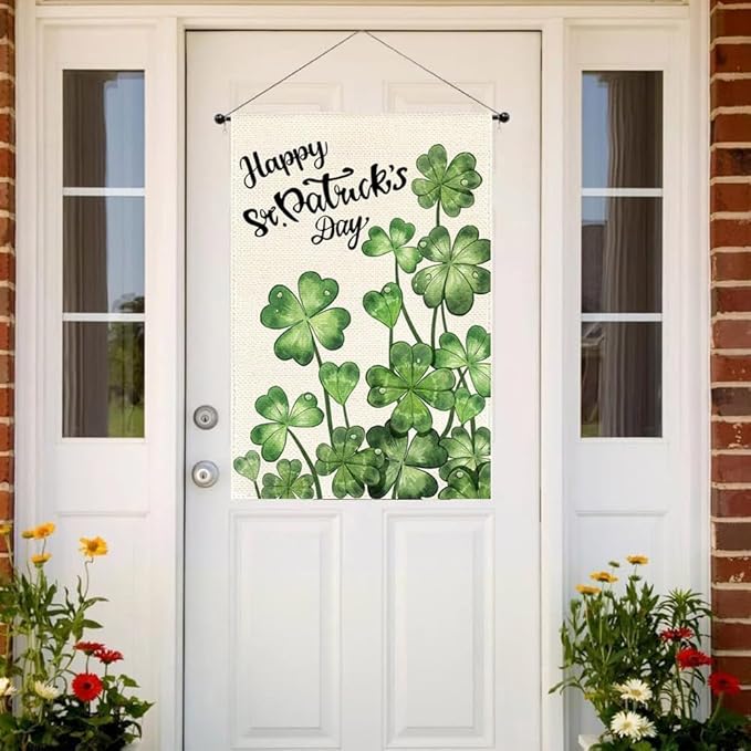 Happy St Patricks Day House Flag 28x40 Inch Double Sided Outside, Blossom Shamrock Outdoor Large Garden Yard Flag Green Lucky Clover Holiday Decoration