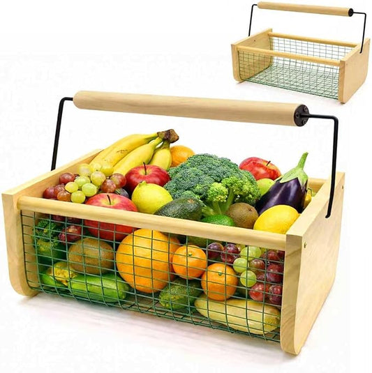 Garden Hod Harvest Basket, 16 x 10 x 7in Gardening Harvest Baskets with Wood Handle, Solid Wood with PVC Wire Mesh, Garden Baskets for Gathering Vegetables