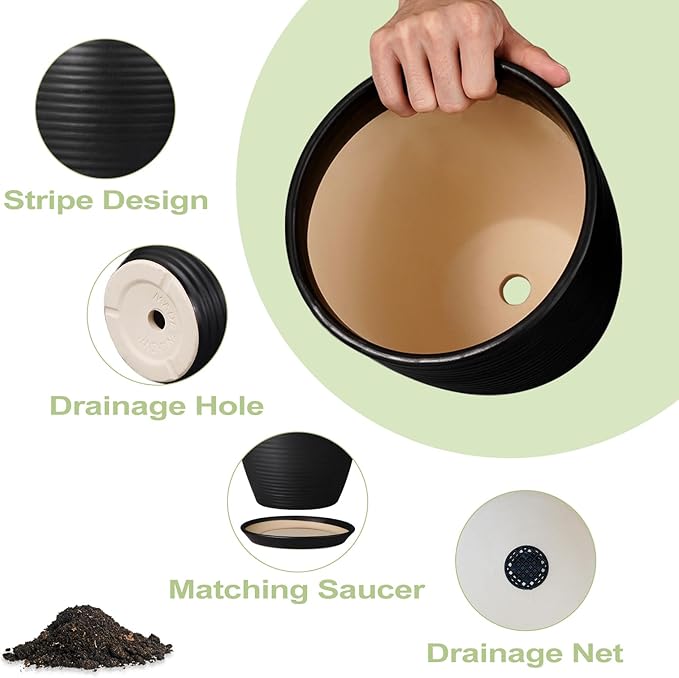 6 Inch Plant Pot - Ceramic Planters for Indoor Outdoor Plants, Modern Flower Pots with Drainage Hole and Saucer, Round Ceramic Planter, Office Room Decor, Gifts for Plant Lovers, Matte Black