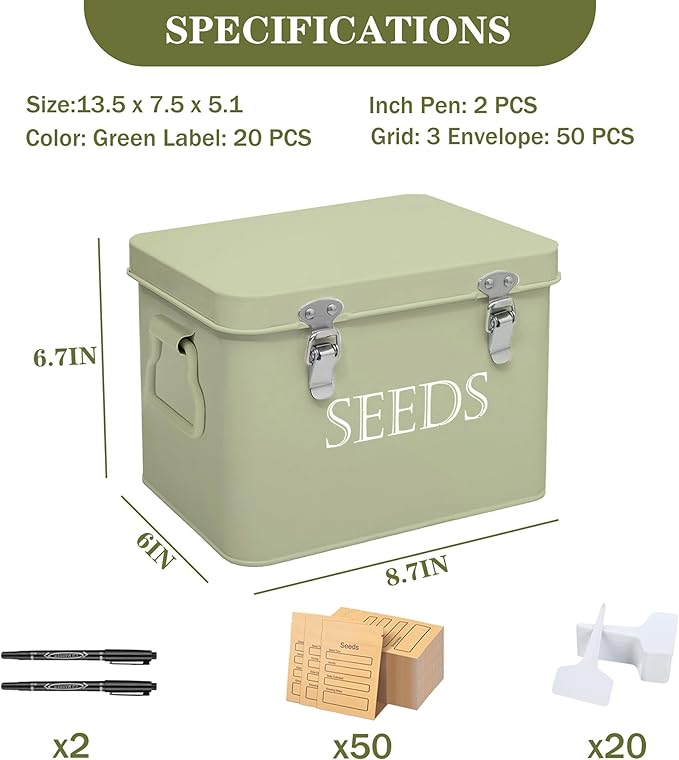 Seed Storage Box, Professional All-in-one Kit with 2 Pens, 20 Plant Labels and 50 Seed Envelopes, Metal Storage Organizer, Saving Box, Seed Packet Container, Green