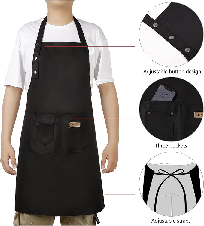 Adjustable Button Apron for Women Men Artist Painting Pottery Garden Cooking Kitchen Chef 3 Pockets Waterproof M-XXL