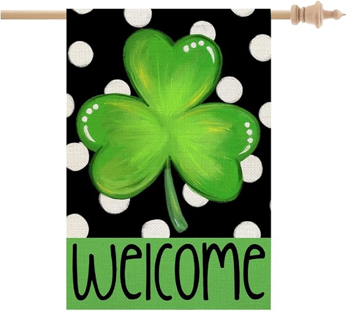 CROWNED BEAUTY St Patricks Day House Flag 28×40 Inch Double Sided Green Shamrock Clover Welcome Big Outside Vertical Holiday Yard Decor CF356-40