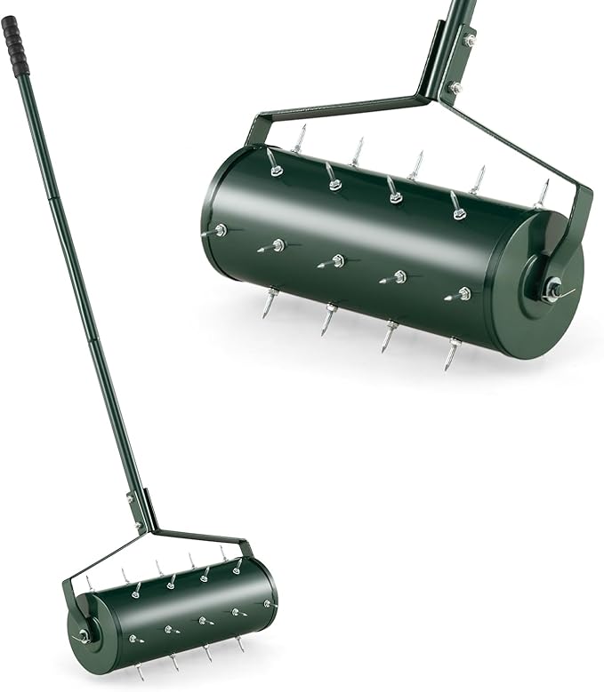 Goplus Rolling Lawn Aerator, 18-Inch Garden Yard Rotary Push Tine Filled Sand Stone, Heavy Duty Spike Soil Aeration w/Metal Handle, Fillable Drum 51" Manual Lawn Aeration Tool Garden Grass Patio Yard