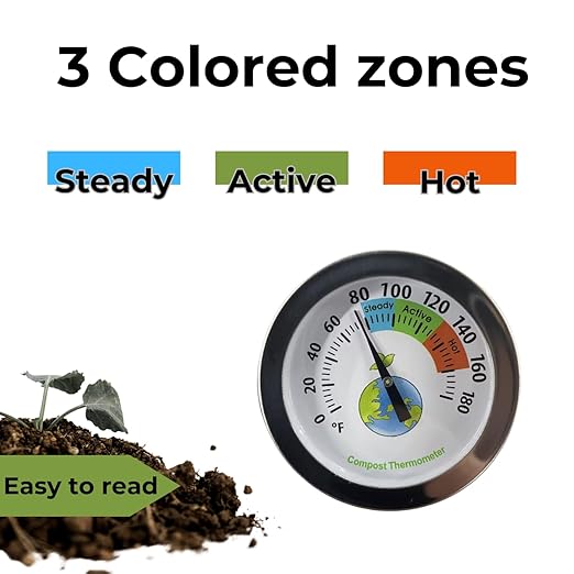 20 Inch Compost Soil Thermometer 0-180° Fahrenheit Backyard Stainless Steel Stem for Composting Bins Outdoor Gardening Planting Easy-to-Read 2.1” Dial Display