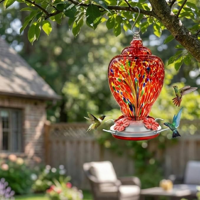 WOSIBO Hummingbird Feeder for Outdoors Patio Large 32 Ounces Colorful Hand Blown Glass Hummingbird Feeder with Ant Moat Hanging Hook, Rope, Brush and Service Card (RED-Firework)