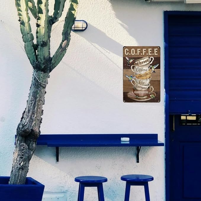 Coffee Sign Coffee Lover Gifts Christ Offers Forgiveness For Everyone Everywhere Sign Vintage Metal Tin Signs For Friends Family Bar Wall Decoration