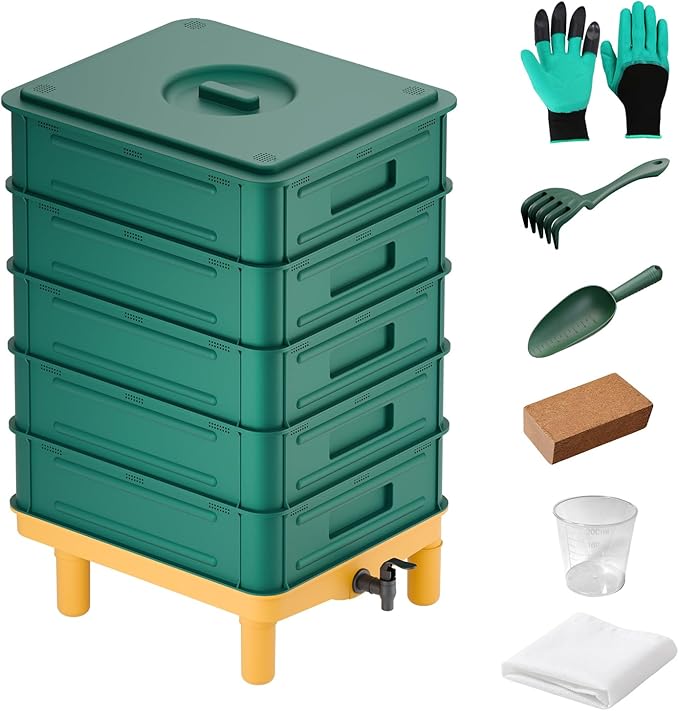 5-Layer Worm Compost Bin, 85L Worm Composter for Indoor & Outdoor, Starter Kits for Vermicomposting Starter, Garden Worm Composting Bin for Recycling Food Waste (Black)