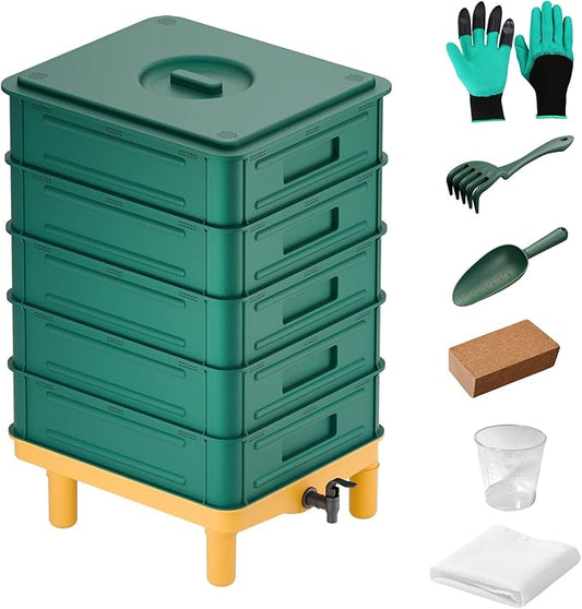 5-Layer Worm Compost Bin, 85L Worm Composter for Indoor & Outdoor, Starter Kits for Vermicomposting Starter, Garden Worm Composting Bin for Recycling Food Waste (Black)