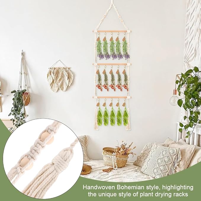 3-Tier Hanging Herb Drying Rack, Includes 25 Gift Tags & 32ft Natural Jute Twine, Handwoven Hanging Herb Dryer Rack Plant Hanger for Drying Herbs, Flowers, Sage(COLOR:Beige)