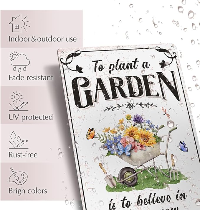 Vintage Tin Sign - 'Plant A Garden' for Home, Greenhouse - 12"x8"