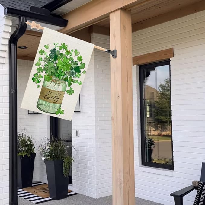 CROWNED BEAUTY St Patricks Day House Flag 28x40 Inch Double Sided for Outside Big Burlap Green Shamrocks Clovers Mason Jar Lucky Welcome Yard Holiday Flag CF727-40