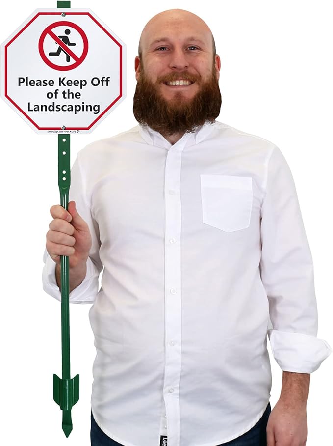 SmartSign 10 x 10 inch “Please Keep Off Of The Landscaping” LawnBoss Yard Sign with 3 foot Stake, 40 mil Laminated Rustproof Aluminum, Red, Black and White, Set of 1, Made in USA