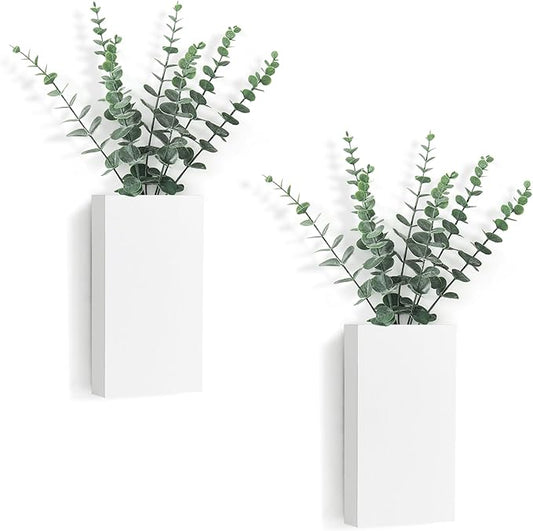 Dahey 2 Pack Wood Wall Planter Vase with Artificial Eucalyptus Farmhouse Wall Hanging Decor Pocket Planter for Indoor Fake Plants Greenery Flowers Living Room Bedroom Kitchen Home Decoration, White