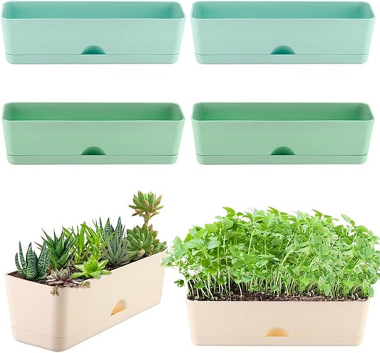 6 Pack Rectangle Planter 16 Inch Window Boxes Planters Rectangular Large Window Sill Planters Indoor Self Watering Plant Pots with Drainage Holes and Saucers Succulent Herb Flower Pots, Macaron Color