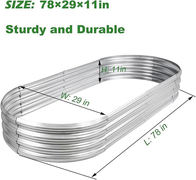 Raised Garden Bed GRS Certified Galvanized Planter Box Outdoor , 6.5ft Oval Rot-Resistant Metal Garden Bed Planter, Recycled Eco-Friendly Material Planter for Vegetables Flowers Herbs (Silver)