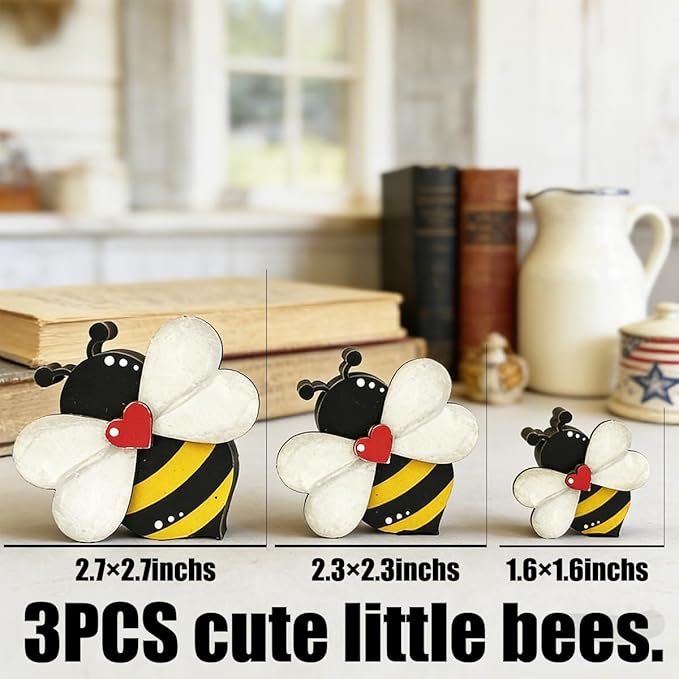 3PCS Honey Bee Decor Bee Decorations for Home Rustic Bumblebee Wooden Art Sign for Farmhouse Layered tray living Room Spring Summer Gift for Bee Farm Owners women