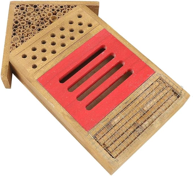 AUNMAS Wooden Bee House, Attracts Pollinators with Tubular Tunnels, Durable Platane Wood Garden Decor, 19.5x3.8x29.8cm Humidity for Bees