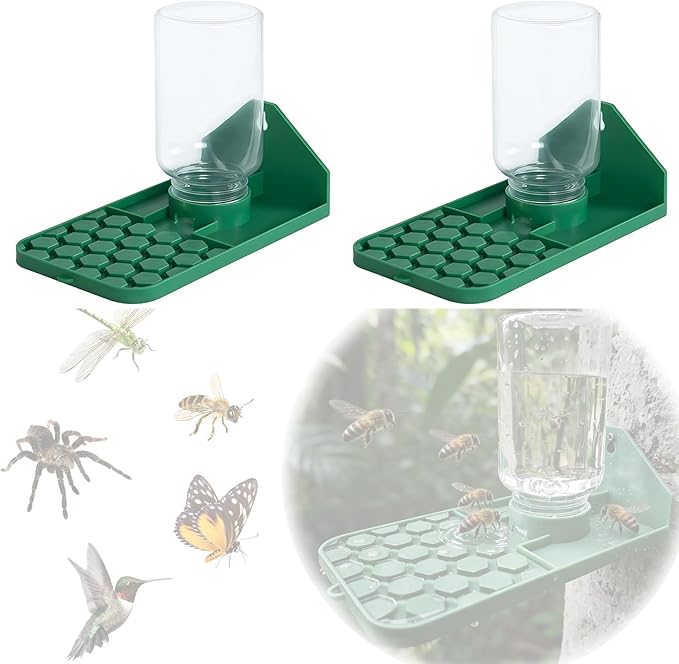 Bee Water Dispenser, Wall or Tree Mounted, for Bees, Butterflies, Hummingbirds and Insects, Green, 2 Pack