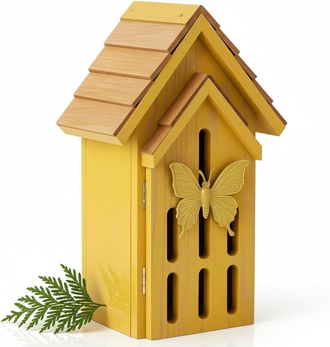 Shingle Roof Butterfly House for Outdoor, Insect House, Vintage Style Cedar Wood Bee House for Garden Outside, Open Door for Easy Cleaning Conservation.Shelter Hotel with Hooks for Hanging (Yellow)