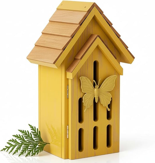 Shingle Roof Butterfly House for Outdoor, Insect House, Vintage Style Cedar Wood Bee House for Garden Outside, Open Door for Easy Cleaning Conservation.Shelter Hotel with Hooks for Hanging (Yellow)