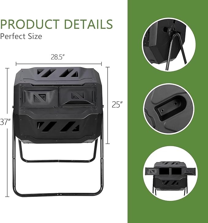 43 Gallon Large Composting Tumbler Dual Chamber Outdoor Garden Rotating Compost Bin Tumbling Composter with Sliding Door,Black
