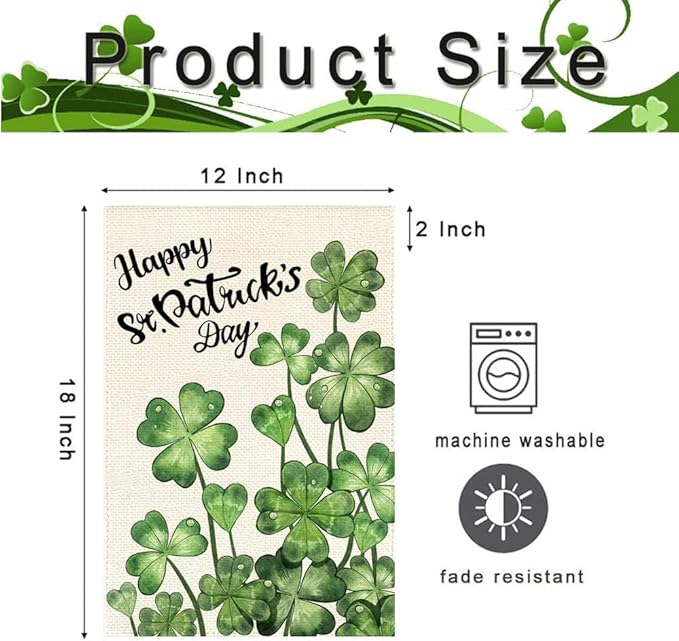 Happy St Patricks Day Garden Flag 12x18 Inch Double Sided Outside, Blossom Shamrock Outdoor Yard Flag Green Lucky Clover Holiday Decoration
