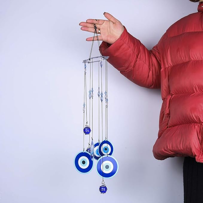 YU FENG Blue Evil Eye Wind Chimes for Outside 19" Hanging Ornament Metal Windchimes Outdoors Garden Decoration