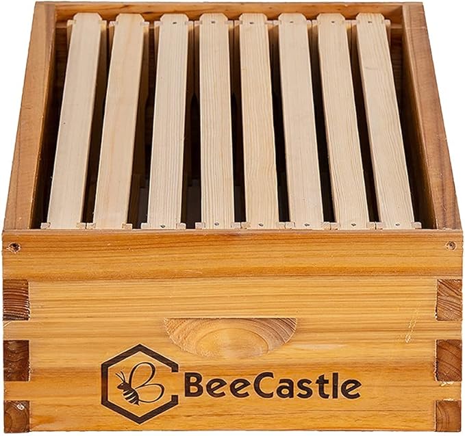 BeeCastle 8 Frame Medium Super Bee Hive Box, Langstroth Honey Bee Hive Dipped in 100% Beeswax Include Beehive Frames and Wax Foundations (Unassembled)