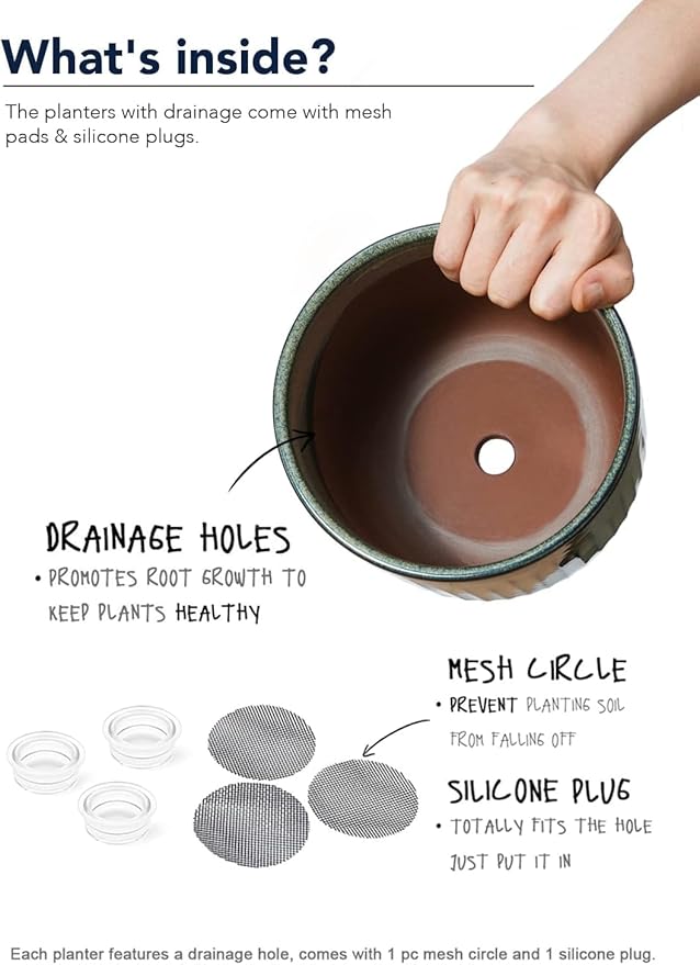 LE TAUCI Fluted Ceramic Pots for Plants, 8.3/7/6 Inch Indoor Planters with Drainage Holes & Mesh, Modern Glossy Glaze Cylinder Plant Pot for Snake Plant, Set of 3, Slate Olive
