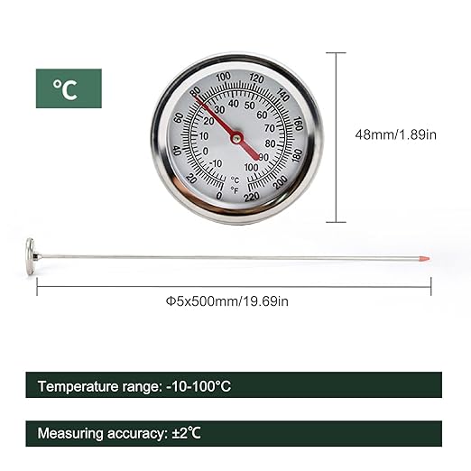 Compost Thermometer, Portable Large 2-inch Dial Stainless Steel Soil Thermometer with 20-inch Stem for Ground, Compost, Garden