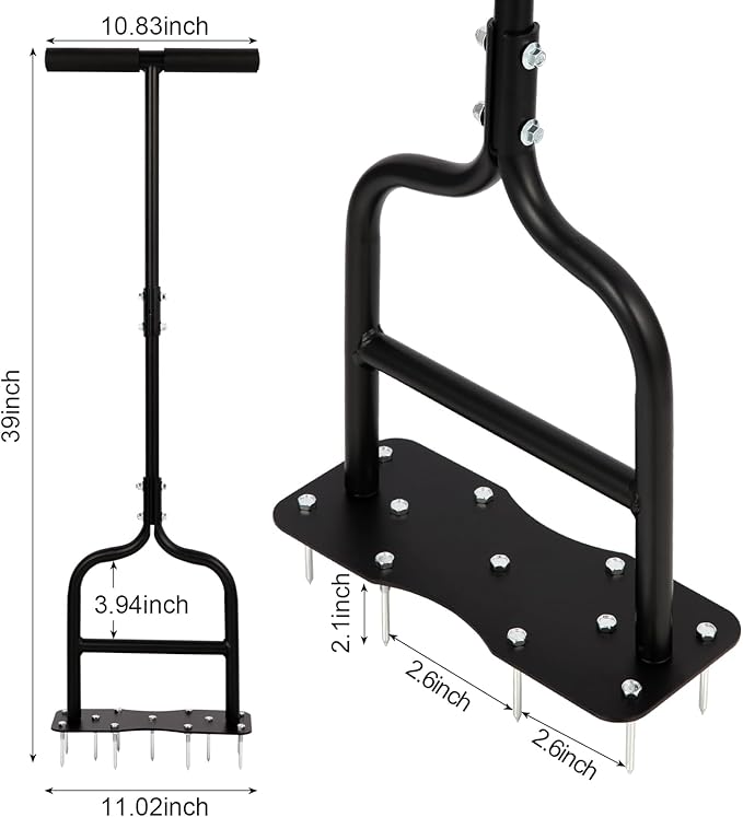 sancat Lawn Aerator,Spike Aerator, Heavy Duty Manual Lawn Aerator Tool with 11 Iron Spikes, Grass Aerator Tools for Yard, Lawn Aeration, Height Adjustable Garden Tool, Revives Lawn Health